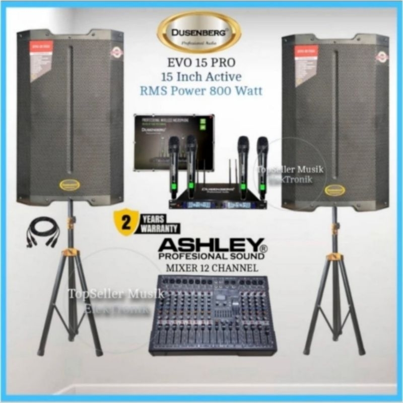 Paket Sound System Speaker Aktif 15" Inch Dusenberg Evo 15 Pro Rms 800 Watt Mixer Ashley 12 Channel 