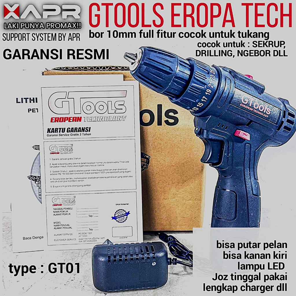 GTOOLS BOR CORDLESS 12V GTOOLS TYPE GT01 MESIN BOR BATERAI DRILL TEMBOK BESI KAYU SEKRUP FULLSET