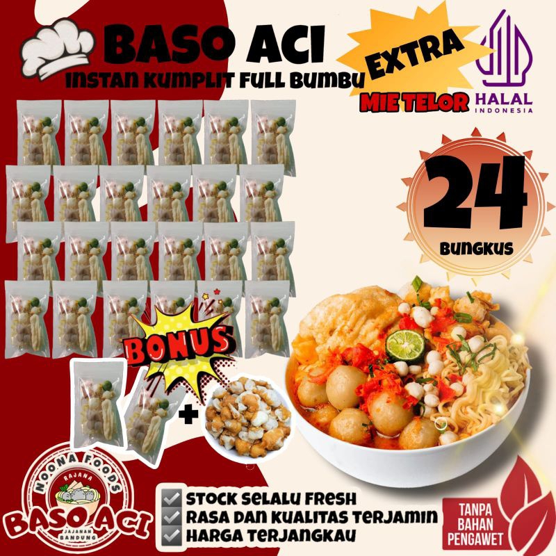 

[ PAKET BISNIS 24 BUNGKUS + BONUS 2 BUNGKUS + BONUS SIOMAY KERING ] Baso Aci Instan Khas Bandung Komplit Full Bumbu Pedas EXTRA Mie Telor / Baci Kuah /Bakso olahan / Boci Homemade - Makanan Cemilan Viral