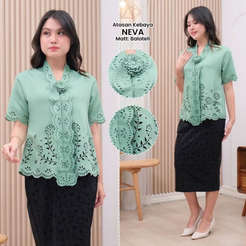 Atasan Kebaya Encim Lengan Pendek Remaja Dewasa Warn Hijau Sage Neva