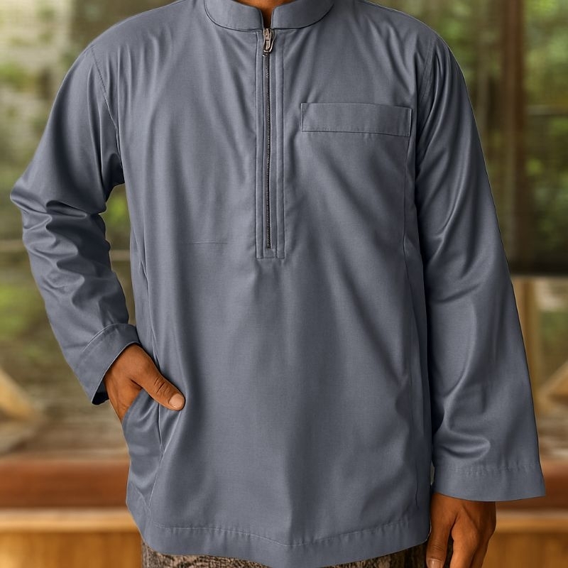 Al Zein Baju Koko Pria Saudi Abu-abu Katun Toyobo Fodu, Saku Depan & Samping Kanan Kiri, Resleting D