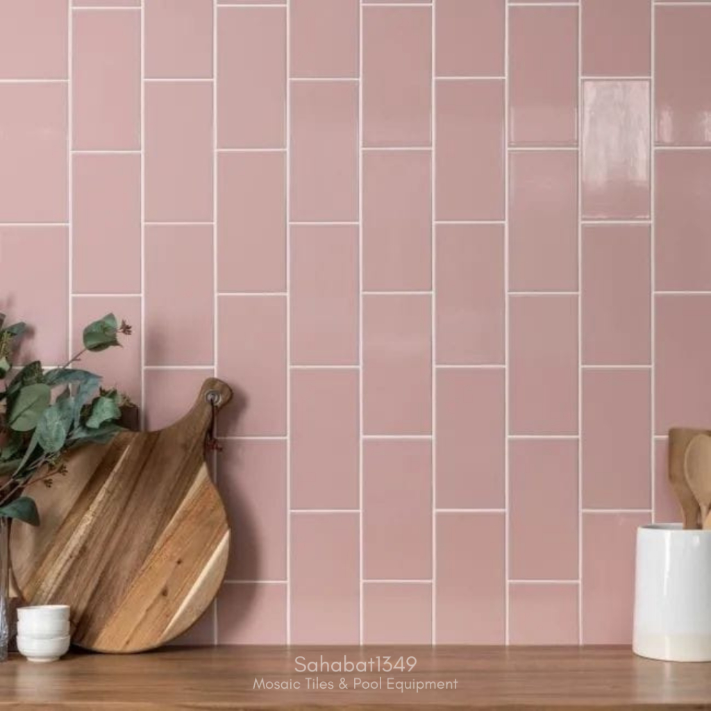 Keramik Dinding Dapur Pink Glossy No Bevel Uk 10x20 Cm Merk Mustika