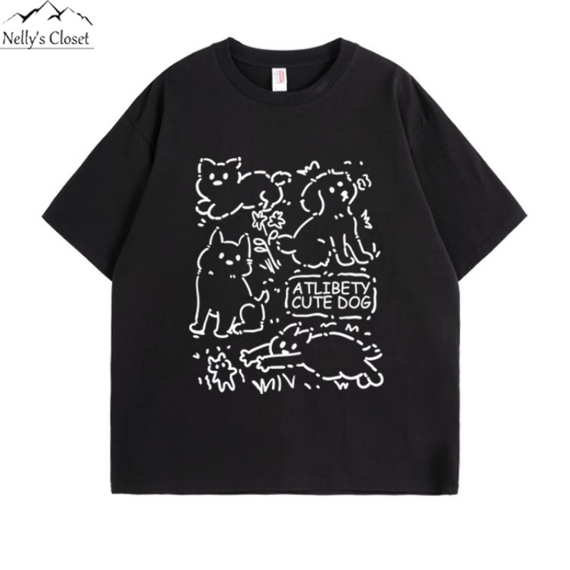 Kaos lengan pendek longgar ramping bergambar sketsa anjing lucu