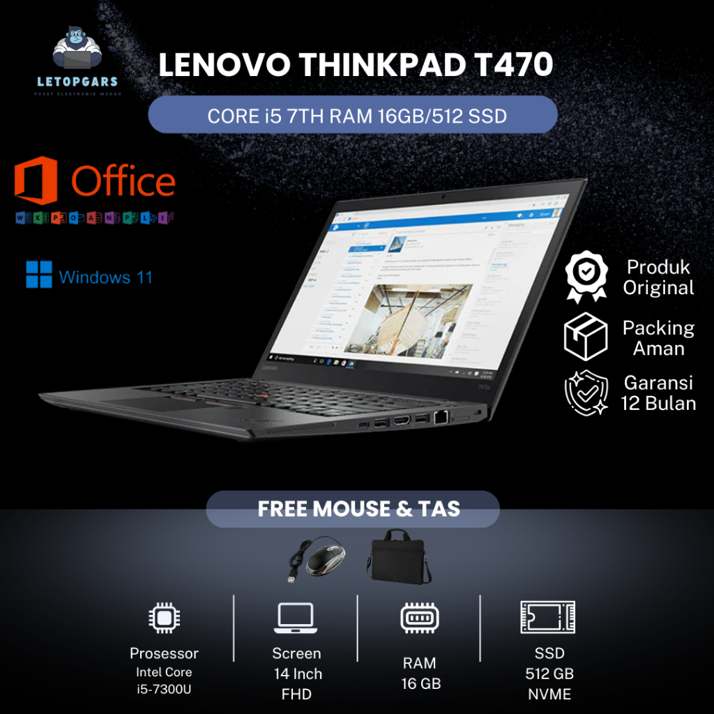 LAPTOP LENOVO T470 CORE i5 GEN 7 RAM 16GB/512 SSD