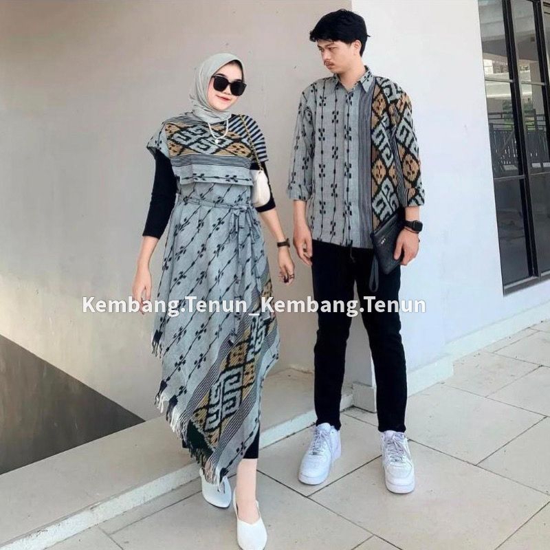 Set Couple Penceng Dress Abu Rintik baju tenun pasangan pria wanita kondangan prewedding guru kartin