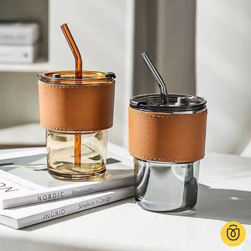 Gelas Kaca Tumbler Aesthetic Dengan Leather + Sedotan
