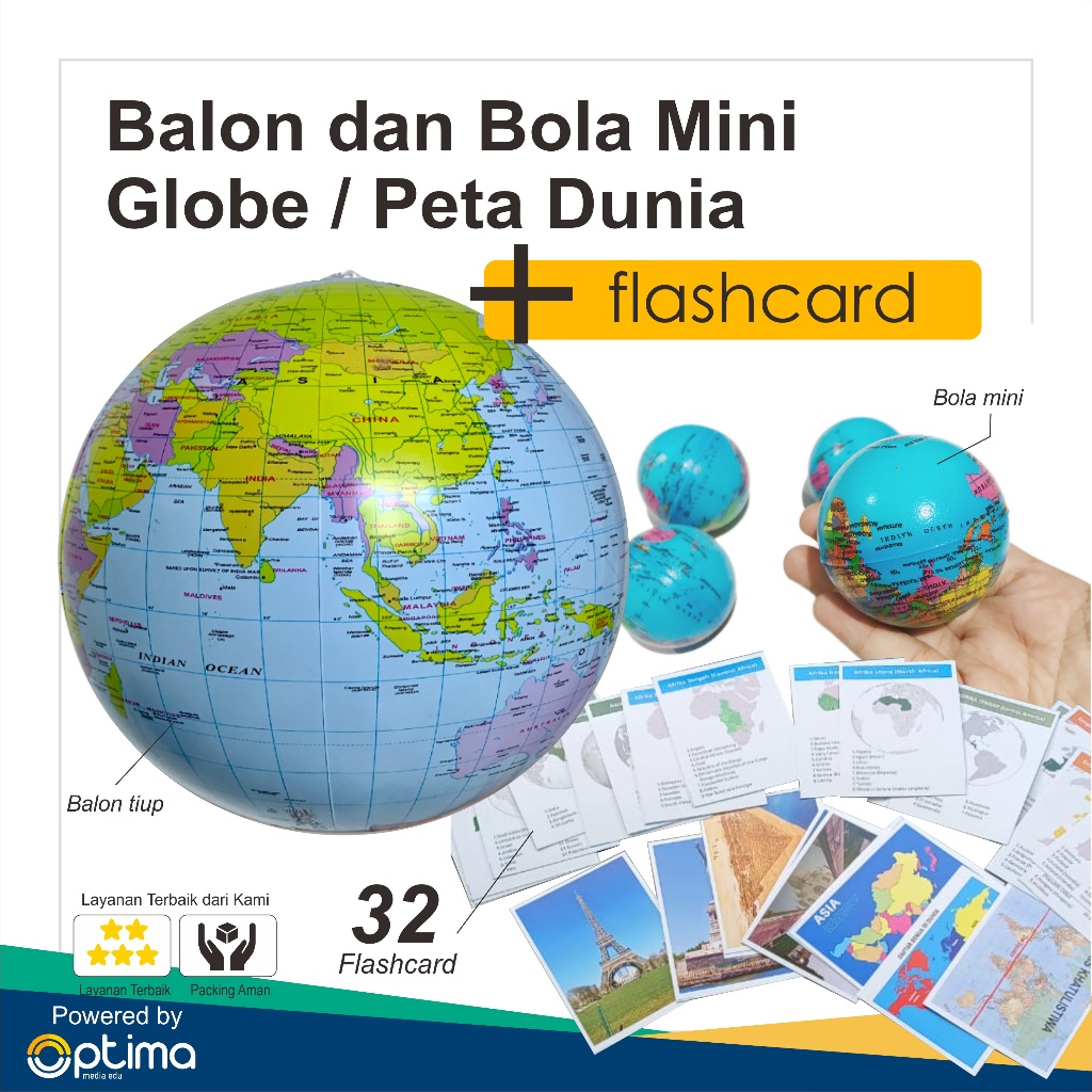 Paket Balon Bola Dunia Globe, Bola Mini Bola Dunia, dan Flashcard