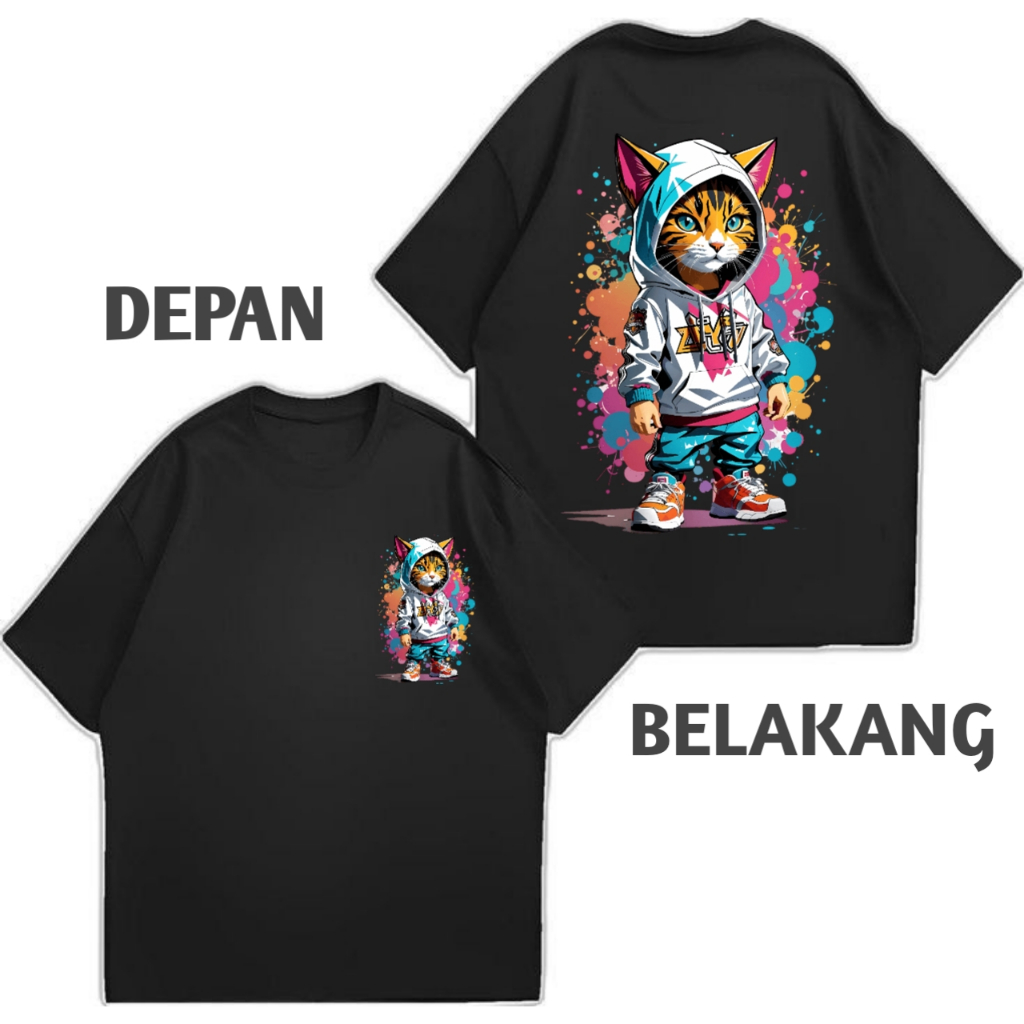 pakaian pria baju lengan pendek kaos distro kaos pria motif gambar besar depan belakang kucing 005