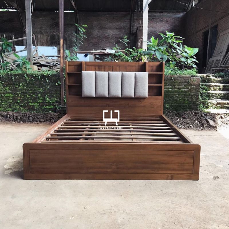 dipan tempat tidur minimalis kayu jati, dipan kayu jati sandaran busa, tempat tidur minimalis kayu j