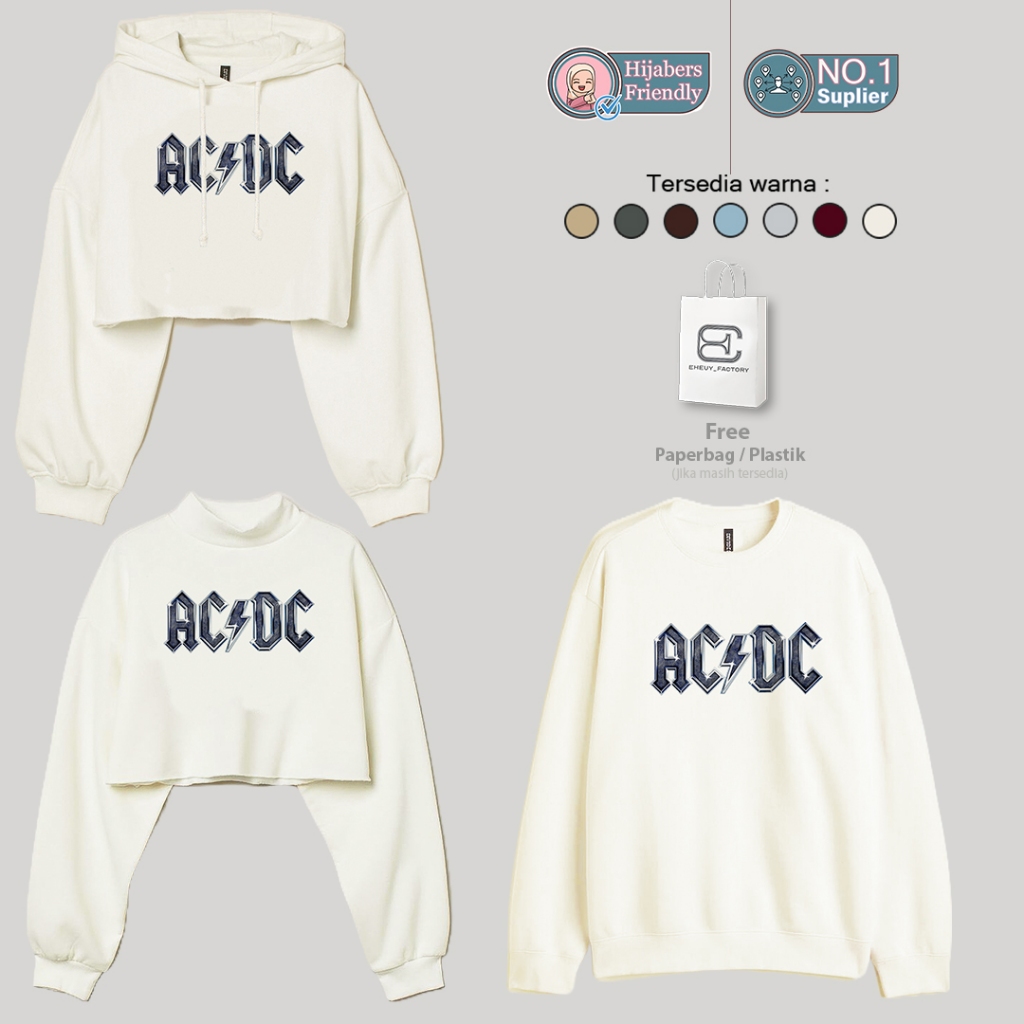 Hoodie Crop ACDC Logo Chrome Broken White Sweater Crop Wanita Original Flecee Katun