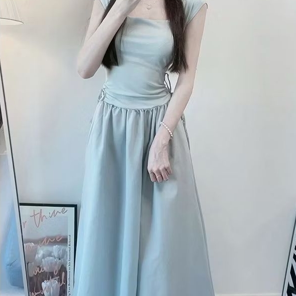 Long Dress Wanita Spaghetti Strap Warna Biru | Dress Panjang Tanpa Lengan Gaya Korea | Maxi Dress Sa