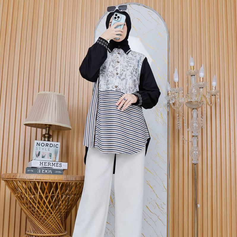 Atasan SYAKIRA || blus kemeja katun premium mix bordir smoke hitam