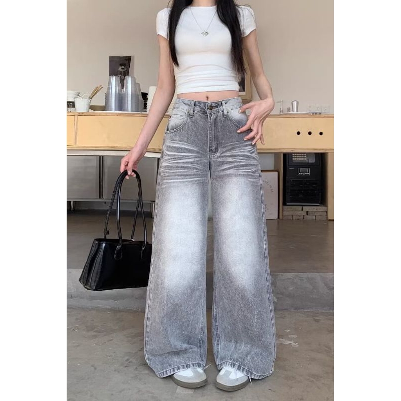 Celana Highwaist Jeans abu-abu Loose Highwaist Skena Jeans Wanita Korean Style Baggy Jeans Premium