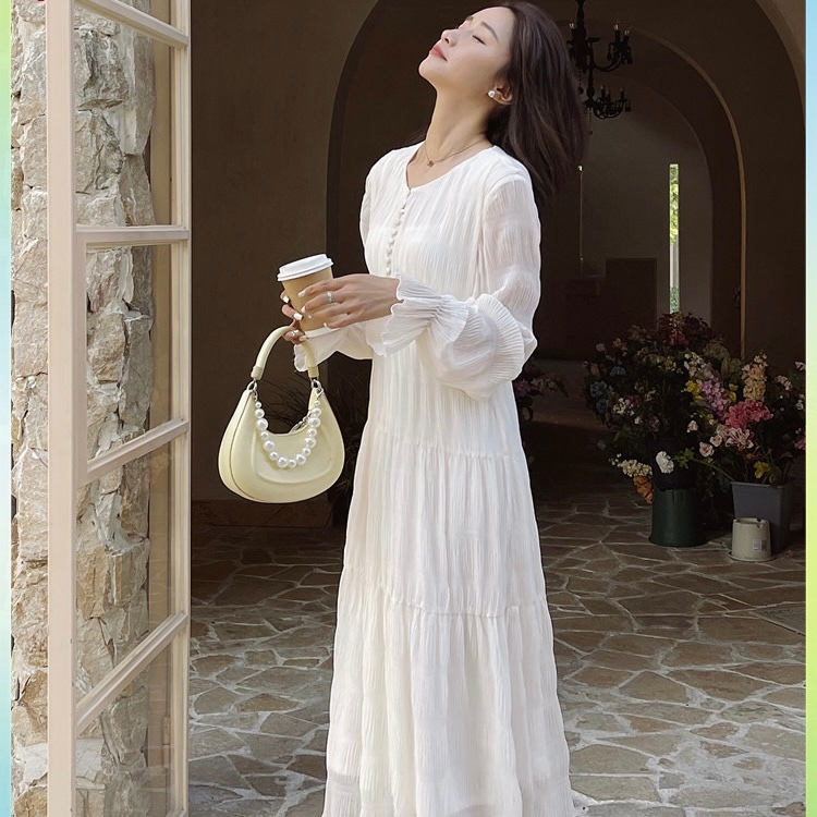 Dress Wanita Korean Style Sifon Putih Panjang Casual Simple M505
