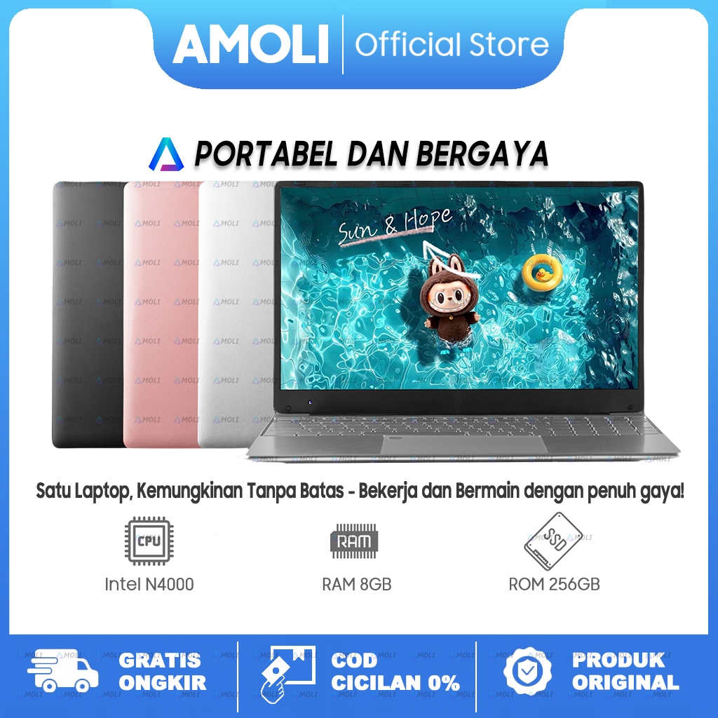 AMOLI Laptop Pink / Hitam/ Silver RAM 8GB + SSD 256GB 15.6"IPS Intel N4000 Instalasi Windows 11 + Of