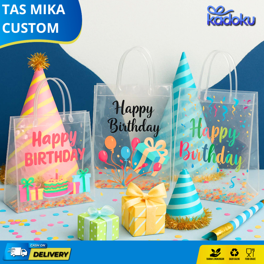 

Tas Mika PVC Ulang Tahun / Goodie Bag Ulang Tahun / Tas Souvenir Ulang Tahun / Tas Transparan HBD