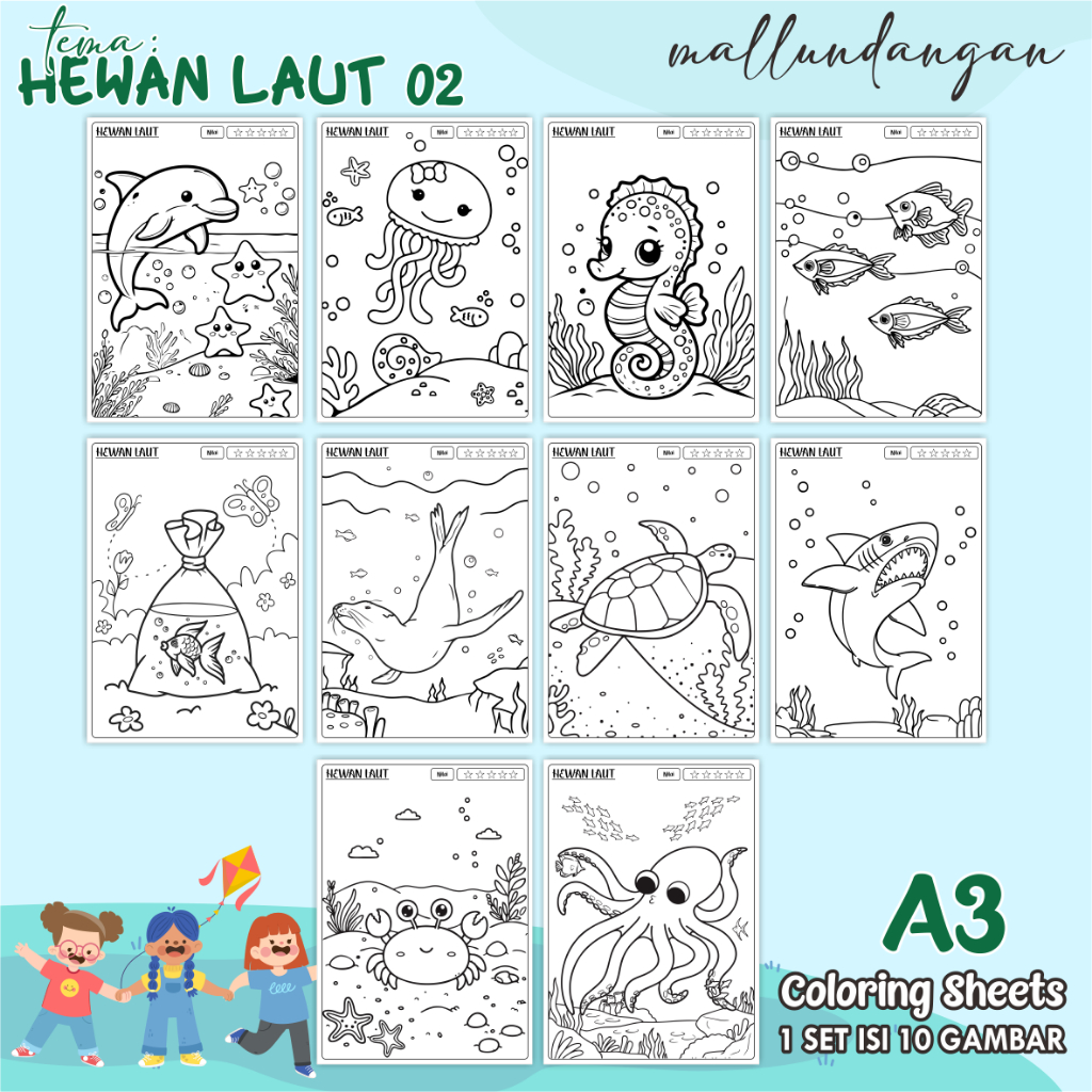 

LEMBARAN MEWARNAI ANAK A3 - TEMA HEWAN LAUT 02 - PAPER COLORING SHEETS FOR KIDS