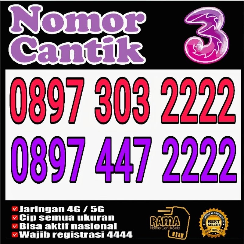 Kartu Perdana Nomor Cantik TRI Triple kwarted kartu  4G / 5G
