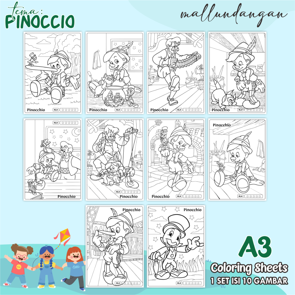 

LEMBARAN MEWARNAI ANAK A3 - TEMA PINOCCIO - PAPER COLORING SHEETS FOR KIDS