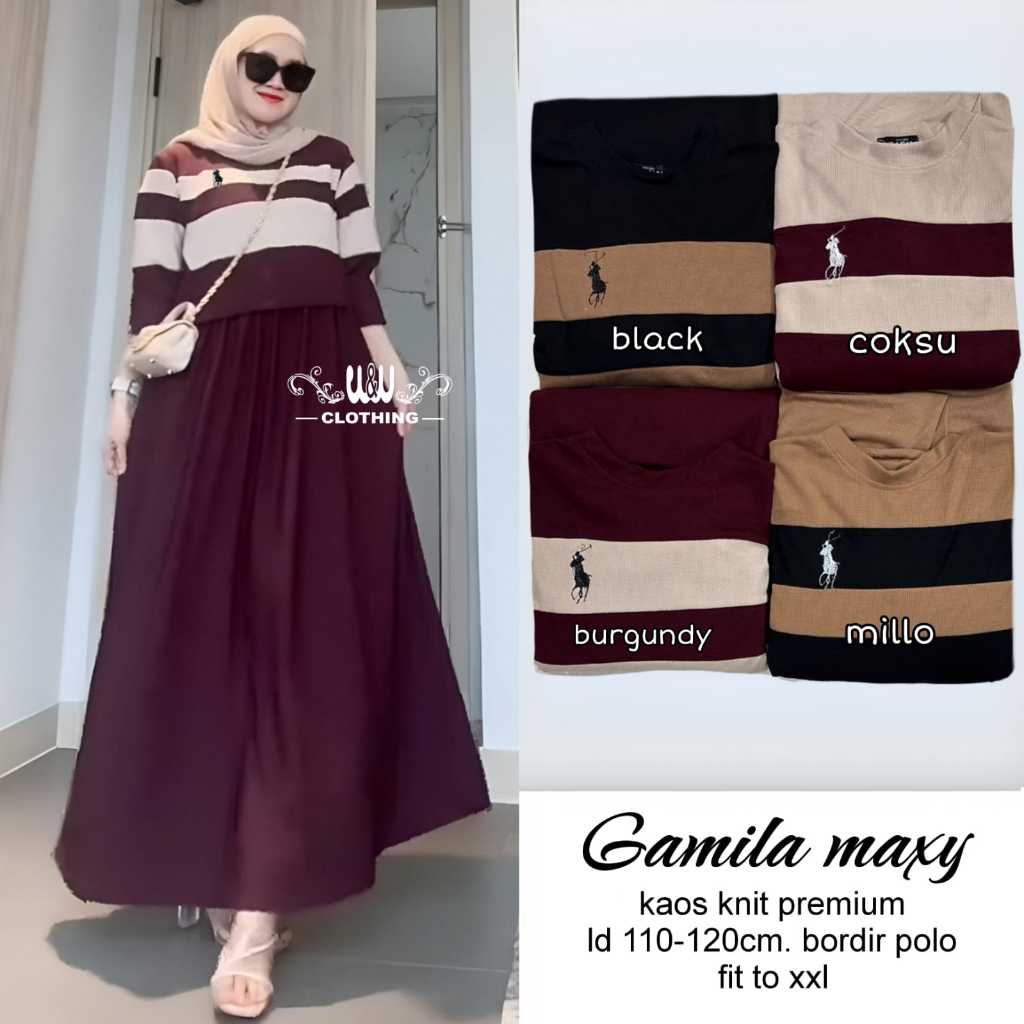 Gamila - Gamis Dress Knit Premium Jumbo Ld 120 Motif Garis Warna Burgundy Terbaru