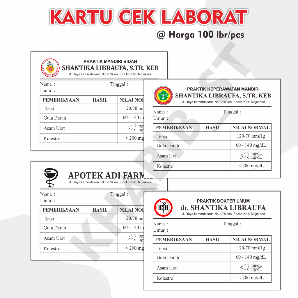 

kartu pemeriksa castem, Kartu Cek Laborat Sederhana, Kartu Cek Gula, Kartu Cek Asam Urat
