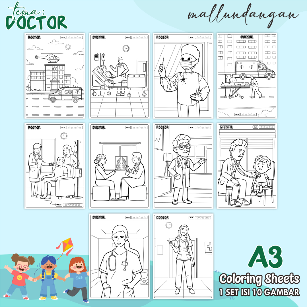

LEMBARAN MEWARNAI ANAK A3 - TEMA DOCTOR - PAPER COLORING SHEETS FOR KIDS