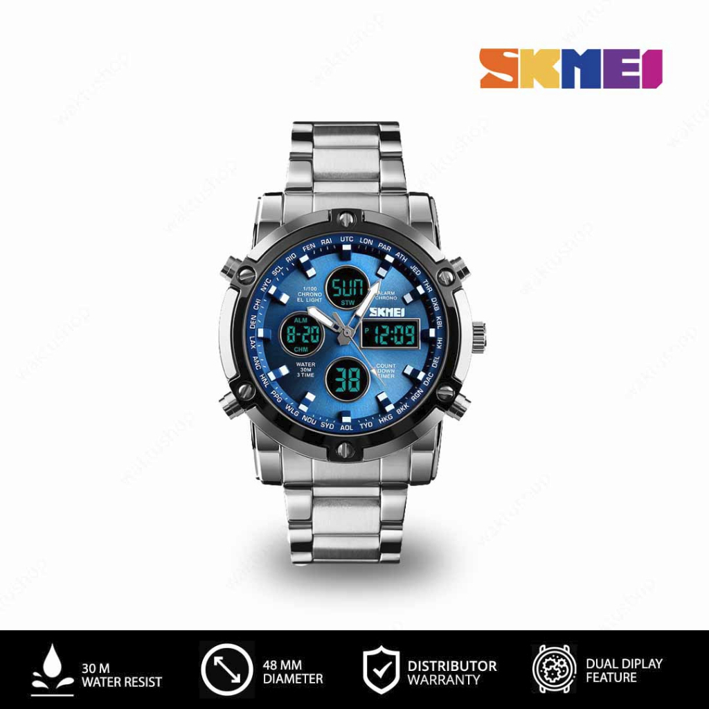 SKMEI 1389 Original Jam Tangan Dual Time Pria Stainless Steel Tahan Air