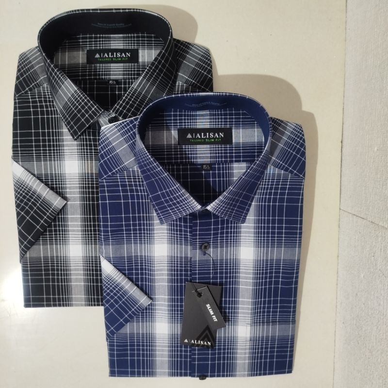 Alisan Kemeja Pria Motif Kotak Hitam/Biru Garis Putih Lengan Pendek Slimfit