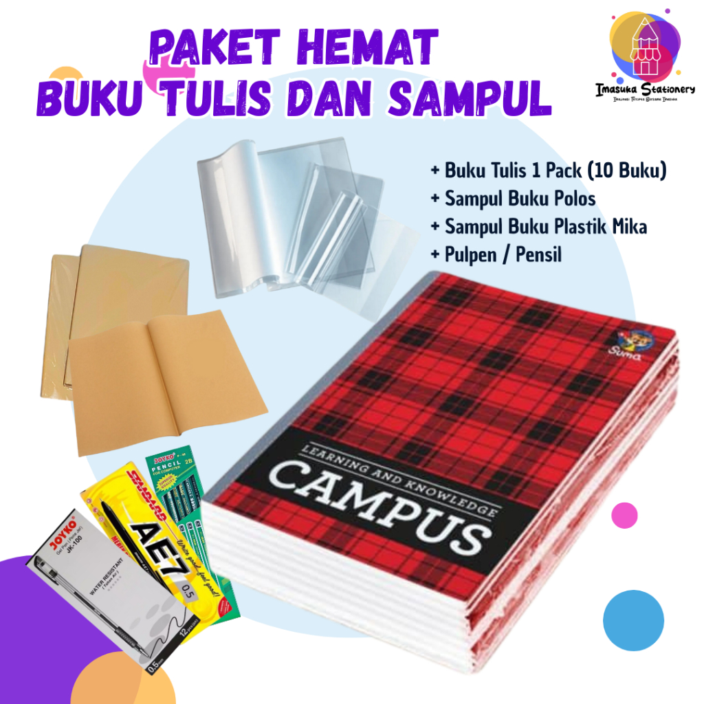 

Paket Hemat Tahun Ajaran Baru Buku Tulis Campus, Sampul Coklat Polos, Sampul Plastik Mika, Pulpen, Pensil / Paket TAB / Paket Sekolah / Paket Menulis Imasuka Stationery