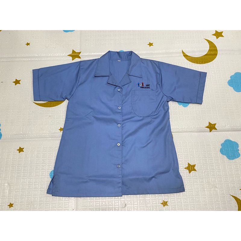 BAJU SERAGAM PABRIK HWI WANITA LOGO LAMA baju seragam kerja warna biru baju kerja wanita seragam pab