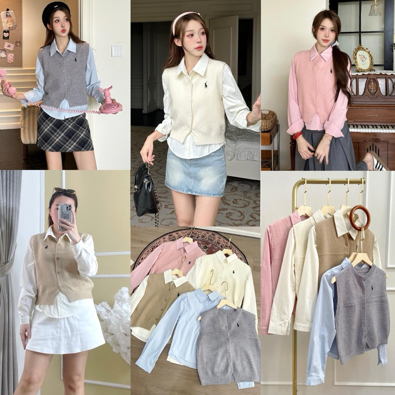 Vina Shirt Vest Rompi Rajut | Kemeja Vest Rajut Korean Style| Set Vest Hangout