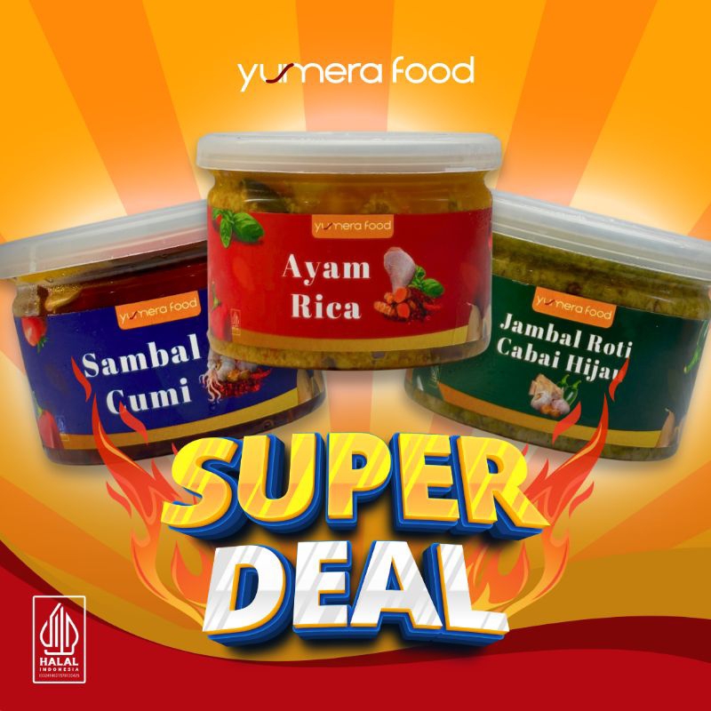 

Yumera Food – SUPER DEAL 2 - Ayam Rica + Jambal Roti Cabai Hijau + Sambal Cumi (Cumi Cabai Merah / Cumi Pedas / Sambal Rica / Rica Rica / Ikan Asin Cabai Hijau / Pete Ikan Asin Pedas) - Makanan Lauk Siap Saji [145gr]