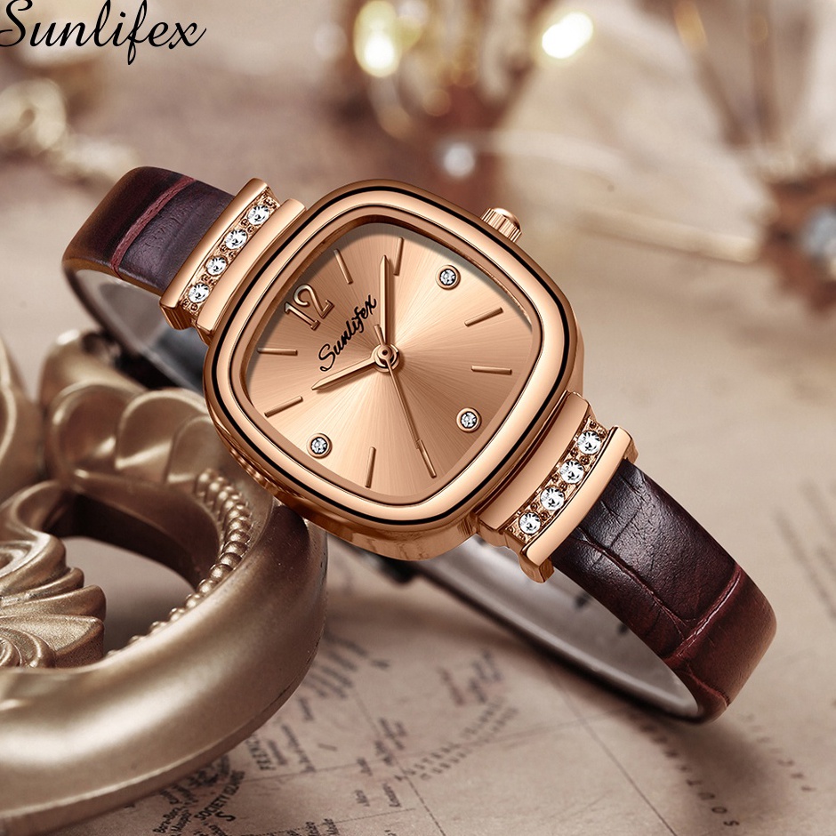 KODE H88E Sunlifex 81 Jam Tangan Wanita Original Berlian Gaya Antik Anggun Jam Kuarsa Tali Kulit Jam