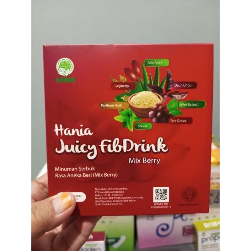 

Hania Juicy FibDrink HNI minuman serbuk aneka rasa mix Berry.