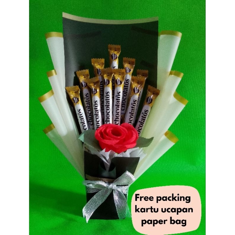 

Buket chocolatos untuk hadiah wisuda, ulang tahun, anniversary Free packing kartu ucapan paper bag