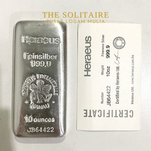 Perak Batangan Silver Bar HERAEUS 999.9 10 oz 311gram Bersertifikat / Fine Silver Bar 10ounces Impor