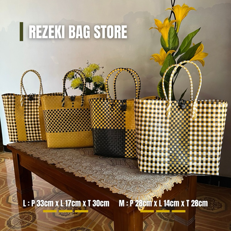 Tas Anyaman Plastik [ Kuning/Coklat Elegan ] / Tas Belanja Serbaguna / Tas Anyaman Belanja