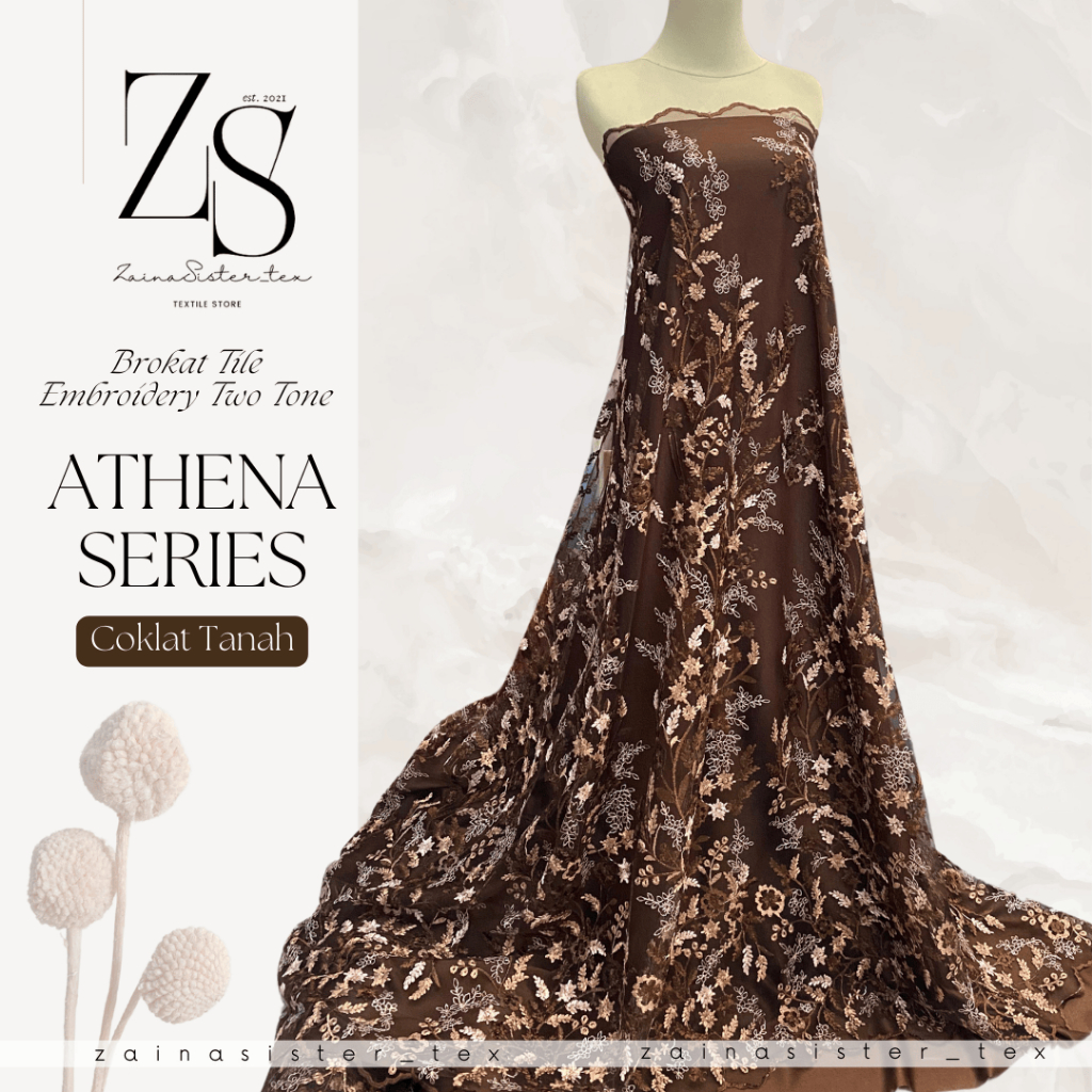 1/2 Meter Kain Brokat Tile Embroidery Two Tone Bordir Premium Athena Series Warna Coklat Tanah Mahog