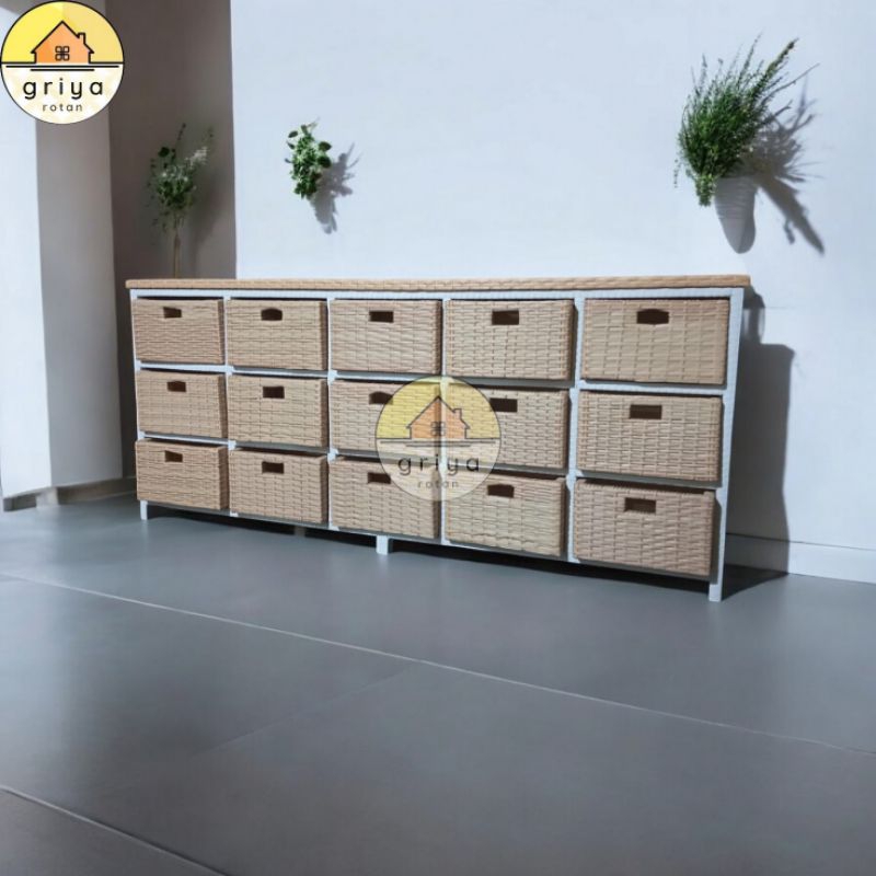 Lemari Rotan Sintetis Laci 15 Rak Buku Serbaguna Lemari Pakaian Plastik Rotan Sintetis