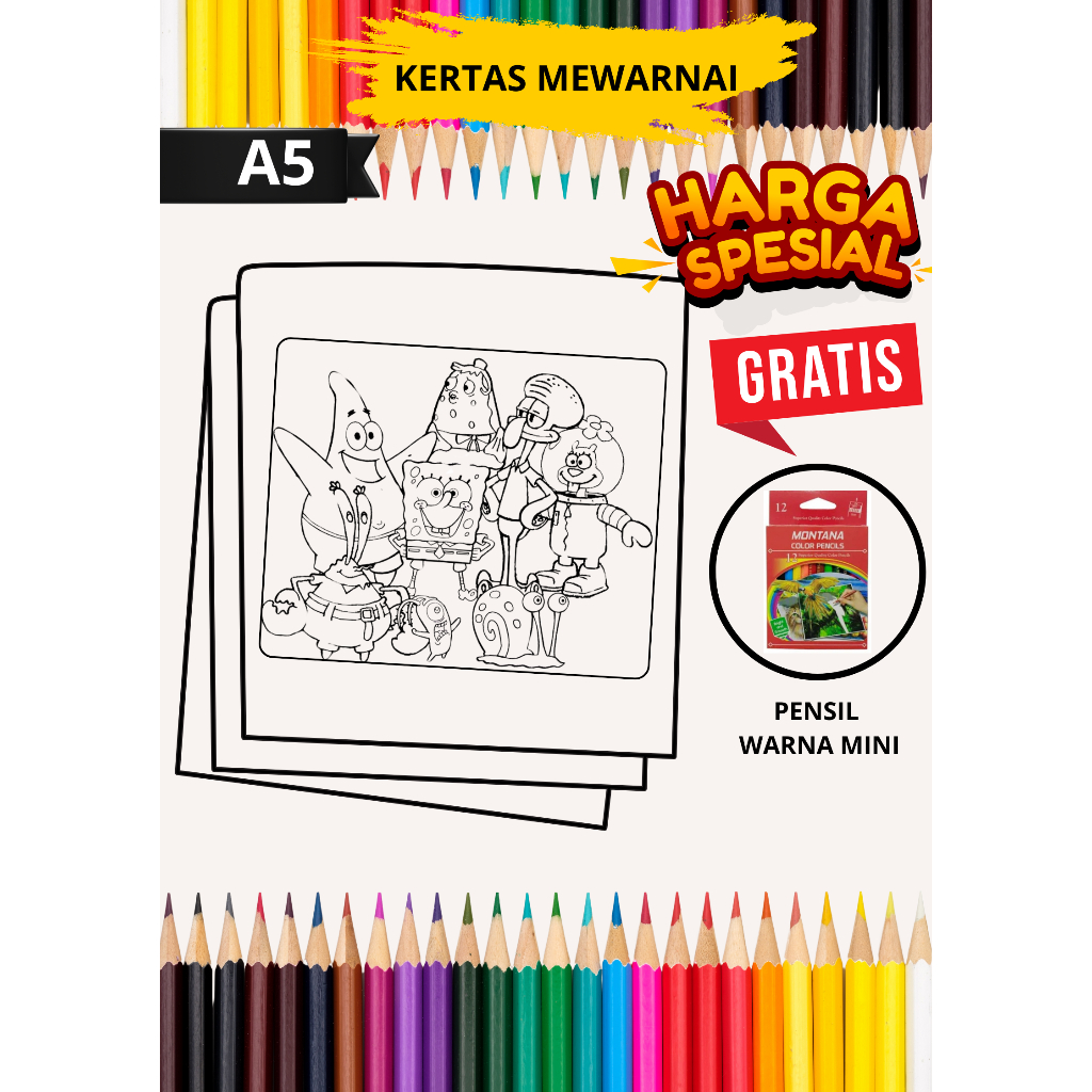 

GAMBAR MEWARNAI PAKET 50 LEMBAR EDISI SPONGEBOB SQUARPANTS (BUKAN BUKU) KERTAS A5 80 GSM TK PAUD SD