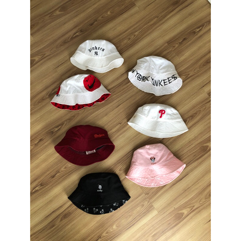 Topi Bucket Jeans Corduroy Rajut Katun Brand MLB, Disney, Nike