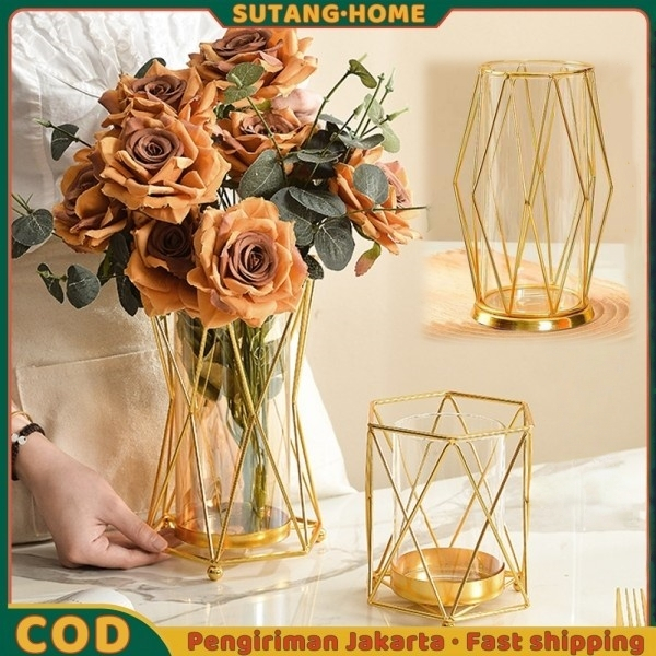 【SUTANG】Vas Kaca Mewah Dekorasi Meja Vas Besar Kaca Hidroponik Emas Dekorasi Vas Bunga Ornamen Ruang