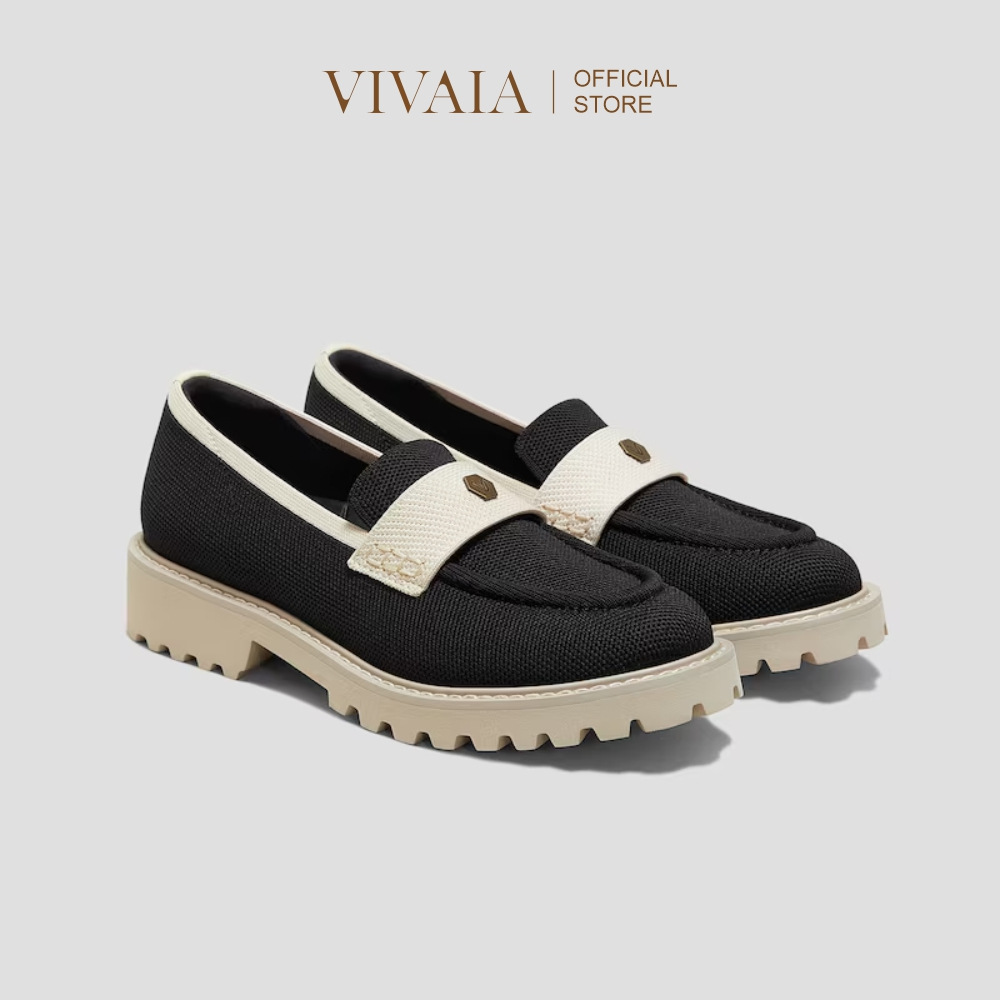 VIVAIA Sepatu Wanita Round-Toe Platform Chunky Heel Loafers (Francesca) - Black Cream Ivory