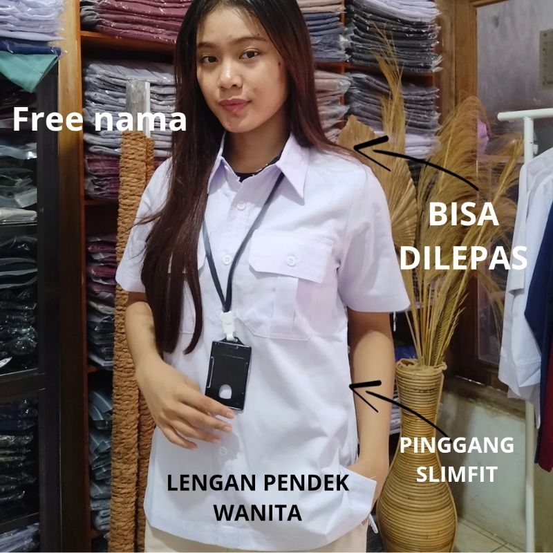 Baju pdh putih wanita slimfit lengan pendek kerah hitam free nama