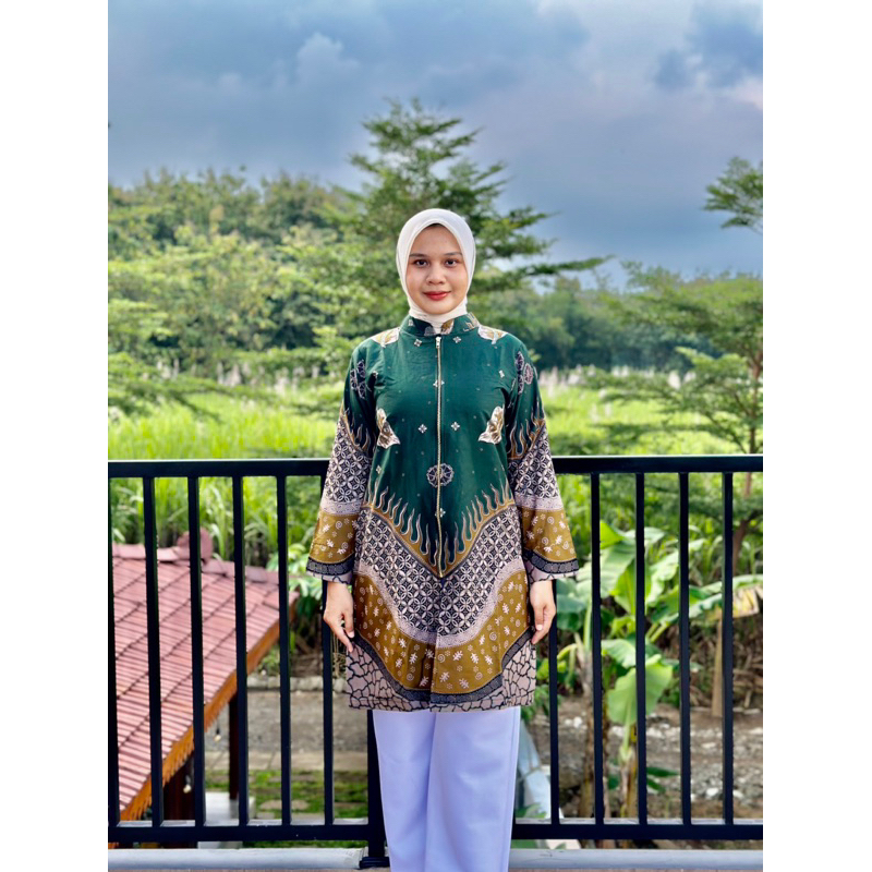 Romesha Tunik Batik Hijau Botol Bahan Katun Full lapisan Tricot Busui OK