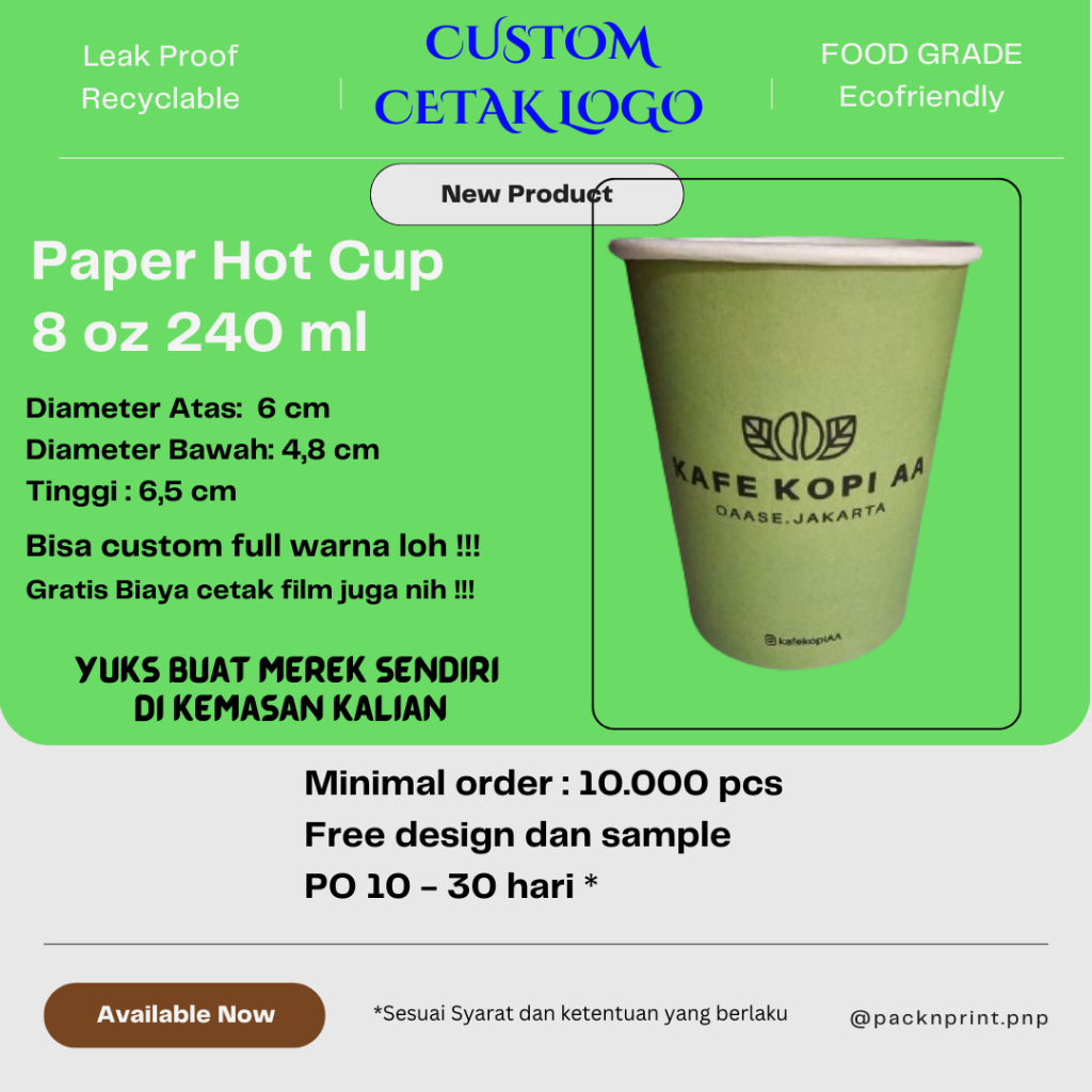 CUSTOM PRINT  Paper Hot Cup Gelas Kertas 8 oz 240 ml + tutup & Plastik Cup 12 oz PET + tutup strawle