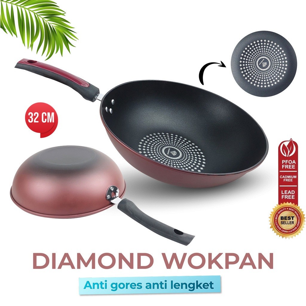 Wajan Diamond Penggorengan Anti Lengket Ukuran Diameter 32cm / Wajan Gagang Jumbo Wok pan