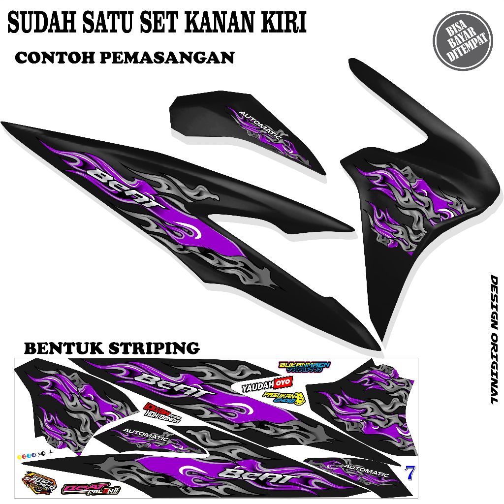 STRIPING VARIASI MOTOR BEAT DELUXE / BEAT STREET GEN 2 STICKER MOTIP API UNGU