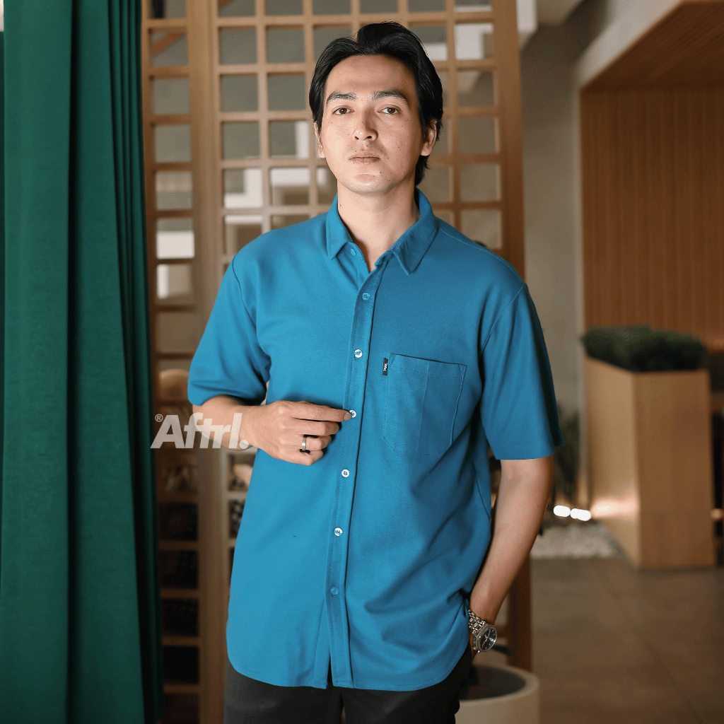 AFTERLIFE - Origin Pique Kemeja Basic Lengan Pendek - Teal Blue