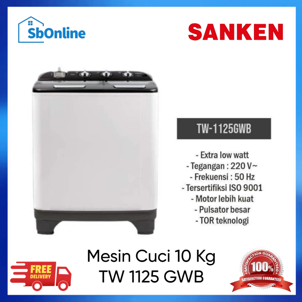 Sanken Mesin Cuci 2 Tabung 10 Kg TW-1125GWB / TW 1125 GWB / TW1125GWB 10 Kg